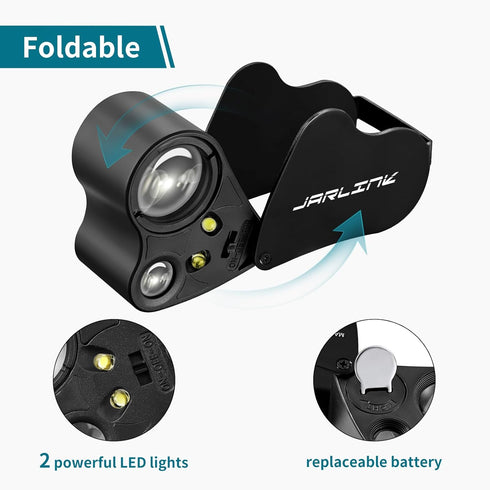 JARLINK 30X 60X Illuminated Jewelers Loupe Magnifier, Foldable Jewelry Magnifier with Bright LED Light for Gems, Jewelry, Coins, Stamps, etc...