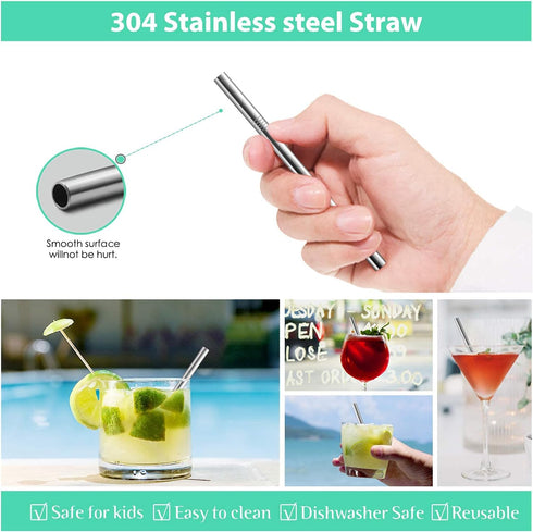 Teivio 12 Pack + Cleaning Brush, 5-inch Extra Short Reusable Stainless Steel Drink Straws for Cocktails, Small Glasses or Cups (Silver)...