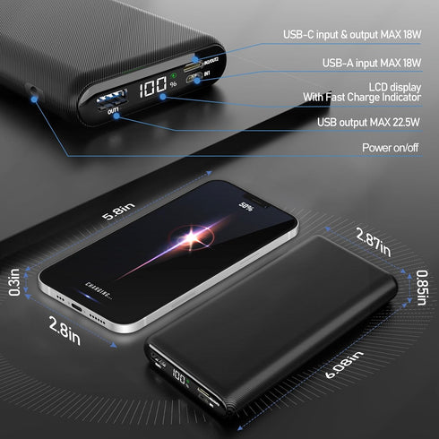 Heated Vest Battery Pack 26800mAh Power bank,22.5W Fast Charge 5v 2a Portable Charger With LCD Display Phone Charger,Dual Input Output USB-C Compa...