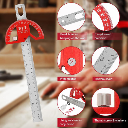 P.I.T. Angle Finder Protractor 8 Inch/203mm, Aluminum Alloy Construction Protractors,Adjustable Angle Finder Ruler for Carpenters & Woodworking Ho...