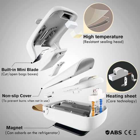 Mini Chip Bag Sealer, Handheld Heat Vacuum Sealer and Cutter, Portable Chip Bag Resealer Machine for Snack Plastic Fresh Bags Cookies - White - 2x...