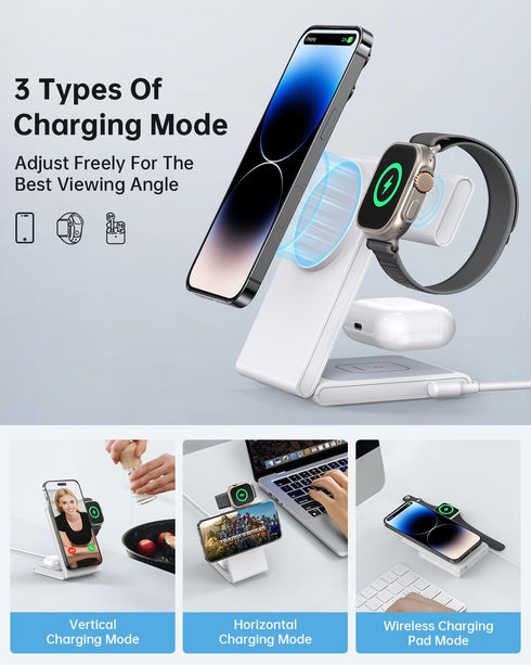 3 in 1 Foldable Magnetic Wireless Charging Station with PD 20W USB-C Adapter, Compatible with MagSafe, Magnetic Charger Stand for iPhone 15/14/13/...