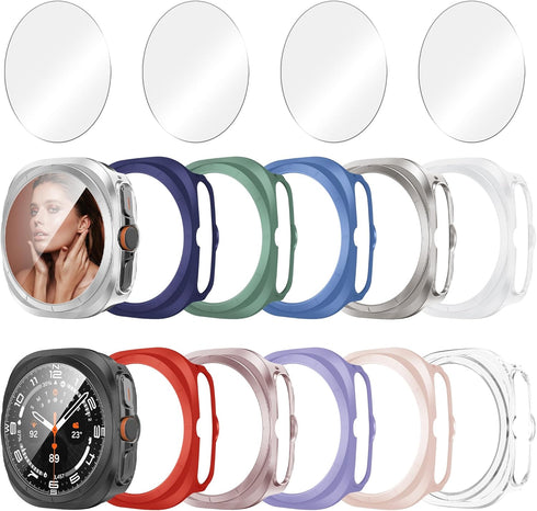 12+4 Pack Case for Samsung Galaxy Watch 7 Ultra 47mm with Tempered Glass Screen Protector, Waterproof Hard PC Scratch Resistant Protective Cover C...