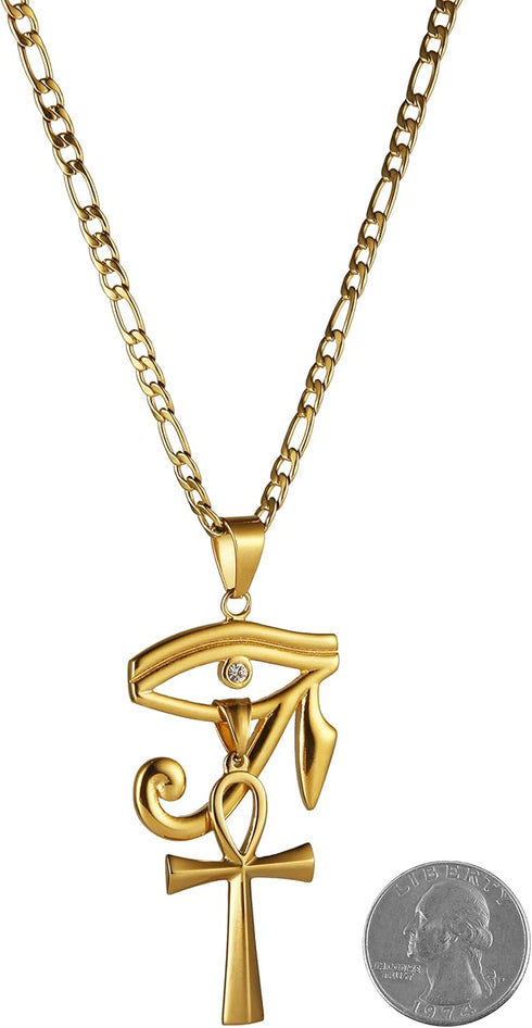 HZMAN Gold Stainless Steel Eye of Horus Egypt And Coptic Ankh Cross Religious Pendant Necklace 24" Figaro Chain...