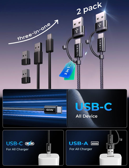 LISEN for iPad Charger Cable, ?Dual Use? 2 Pack/6.6ft 60W USB C to USB C Cable, Fast Charging USB A to USB C Cable Compatible with iPhone 15 Pro M...