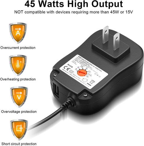 Powseed 45W Universal AC Adapter with 5V 2A USB Port 5V 6V 7.5V 9V 12V 13.5V 15V 3A 2A 1A DC Power Supply Cord with 8 Tips Micro USB 5.5x2.1mm 5.5...