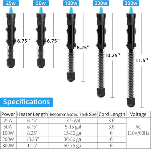 AQUANEAT Aquarium Heater, 100W Fish Tank Heater, Adjustable Submersible Water Thermostat with Thermometer...