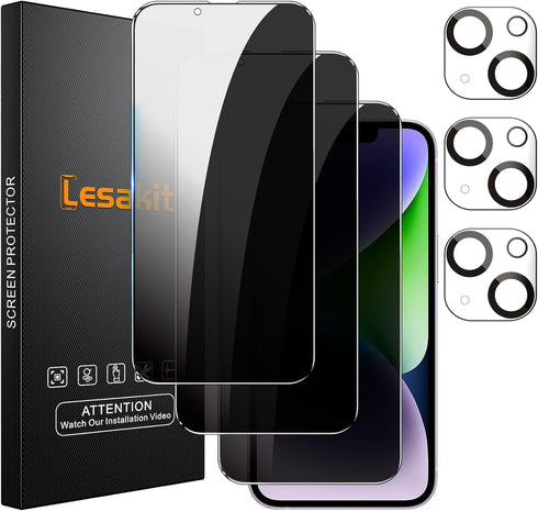3+3 Pack Privacy Screen Protector for iPhone 14 Plus 6.7-Inch with 3 Pack Camera Lens Protector, Anti Spy Tempered Glass Film 9H Hardness Bubble F...