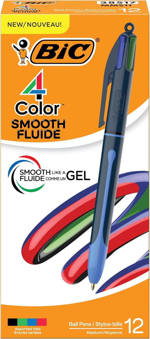 BIC 4-Color Smooth Retractable Ballpoint Pens, Medium Point (1.0mm), 12-Count Pack, Colored Pens with Long-Lasting Ink, Perfect Teacher Appreciati...