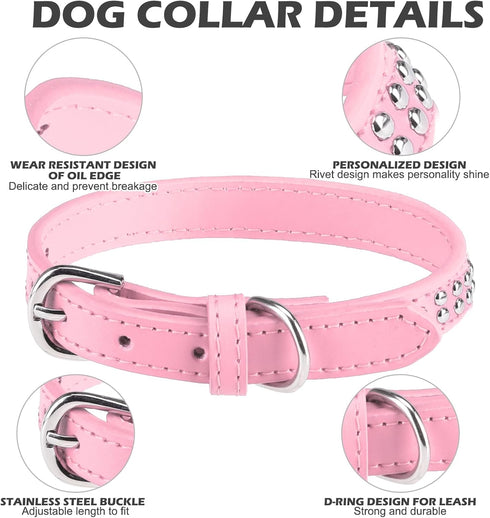 BINGPET Dog Leather Collar, Adjustable Dog Real Split Leather Studded Pet Collar, Durable Doggy Collars for Small Medium Large Dogs, Pink S...