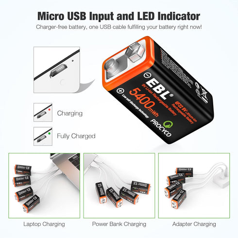 EBL Rechargeable 9V Batteries, 5400mWh USB 9V Lithium Rechargeable Battery (9V Batteries- 4 Pack)...