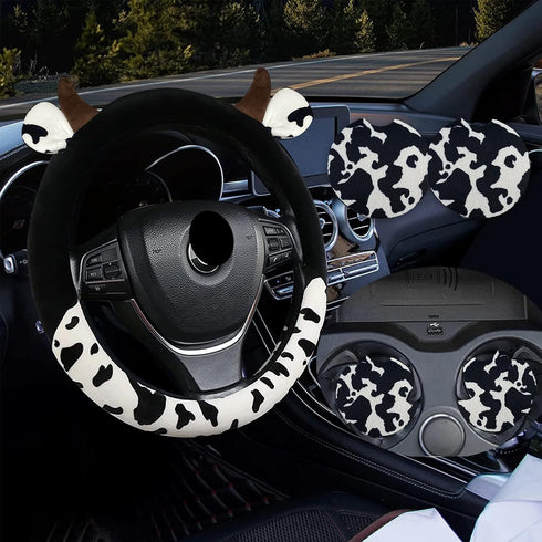 Cow Steering Wheel Cover for Women with 2PCS Car Coasters,Universal 14.5—15 Inch Anti Slip and Sweat Absorption Comfortable Auto Steering Wheel Co...