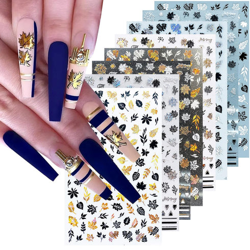 8Sheets Gold Maple Leaf Nail Stickers 3D Fall Nail Art Supplies Holographic Autumn Nail Art Sticker Maple Leaves Design Foils Laser Shiny DIY Nail...