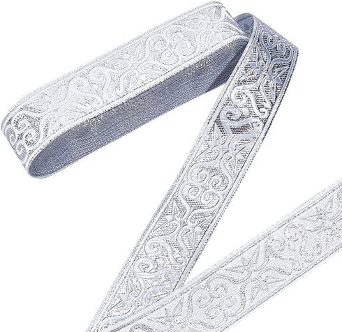 NBEADS 7.7 Yards Silver Jacquard Ribbon Trim, 1-1/4 Inch Wide Boho Woven Trim Ethnic Floral Ribbon Embroidery Polyester Flat Ribbon for DIY Craft ...