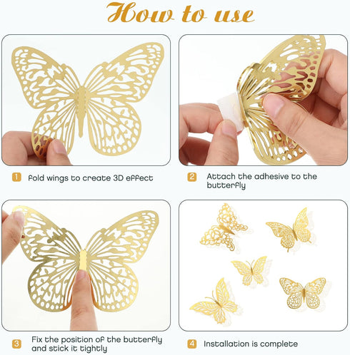 3D Gold Butterfly Wall Decor 3 Sizes 4 Styles Butterfly Party Decorations Cake Decorations Removable Stickers Wall Decor Room Mural Metallic Kids ...