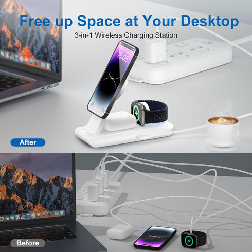 3 in 1 Wireless Charging Station for Apple, Magnetic Foldable Charger for Magsafe, Fast Charging Portable Charger Stand for iPhone 15/14/13/12/Pro...