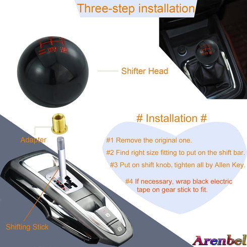Arenbel 5 Speed Shift Knob Round Ball Gear Lever Japanese Number Car Shifter Lever Handle Replacement Fit Most Manual Automatic Transmissions, Bla...