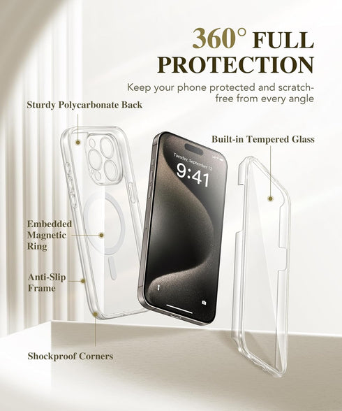 BERFY Magnetic for iPhone 15 Pro Max Case, Compatible with Magsafe, Built-in 9H Tempered Glass Screen Protector & Full Camera Protection, Full Bod...