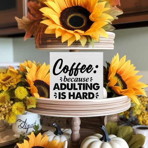 Coffee Wood Box Sign Desk Decor Farmhouse Coffee Because Adulting is Hard Wood Block Sign Decor for Home Kitchen Office Shelf Wall...