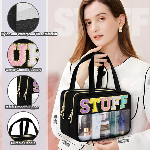 Chenille Letter Clear Makeup Bag, Preppy Cosmetic Bag Clear Snack Bags with Zipper, Stuff Bag Waterproof Sunscreen Bag Travel Toiletry Bag Cosmeti...