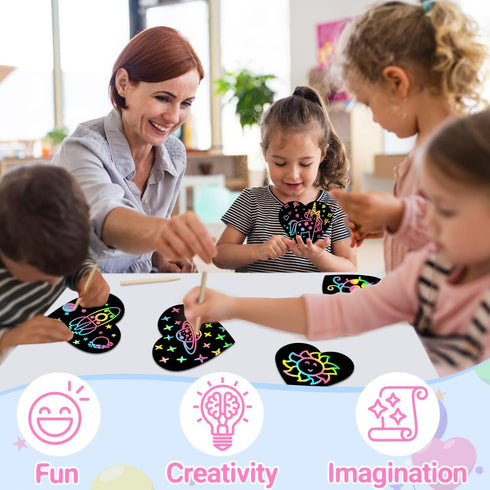 ZMLM Rainbow Scratch Art Party Favors - 160 Mini Heart Scratch Art Note Pads Craft Art Paper for Kids DIY Cards - Black Scratch Art Supplies Birth...