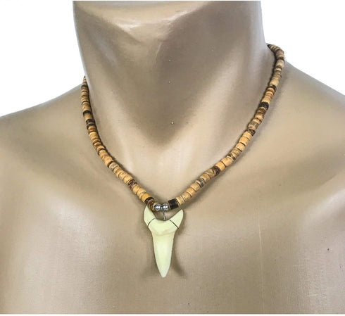 Hawaiian Jewelry Tan Coconut Bead Large Resin Shark Tooth Necklace from Hawaii...
