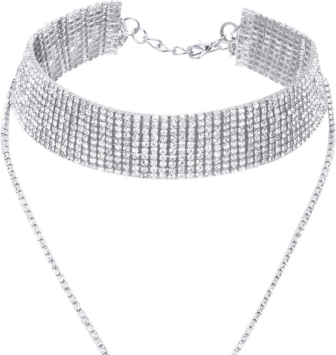 2 Pieces Rhinestone Tassel Choker Necklace Multi-Layer Wide Collar Necklaces Tassel Chain Necklaces for Women Girls Favor...