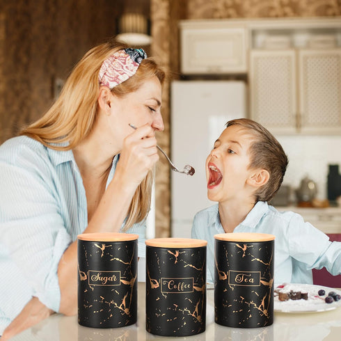 Black Kitchen Ceramic Canister Set - 1178 ML(39.83 OZ) Airtight Set of 3 Coffee Sugar Tea Storage Canisters With Airtight Lid For Food Storage,Sto...