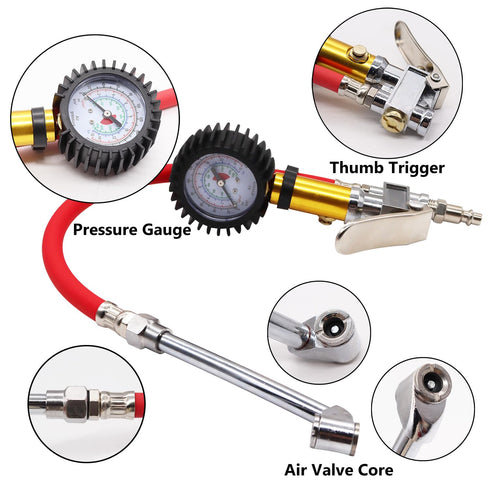 Tire Pressure Gauge with Inflator, 220 PSI Air Pressure Gauge for Tires, 2.5" Pressure Reader, Extended Straight-on Air Chuck Q-049...