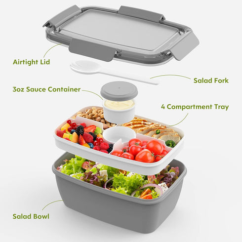 Cherrysea Salad Lunch Container, 68oz Salad Bowls with 4 Compartments Tray,Leak Proof Lunch Box with Fork for Men,Women BPA-Free Snack Container w...