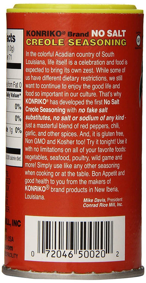 Konriko - No Salt Creole Seasoning 2.5 oz - Wheat Free - Gluten Free - No MSG...