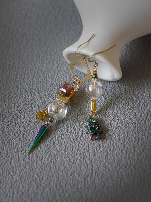Steampunk Asymmetrical Industrial Robot Mismatched Glass Ball Dangle Earrings for Women Jewelry...