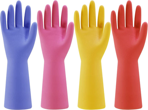 Rubber Kitchen Dishwashing Gloves - 4 Pairs Colorful Reusable Household Cleaning Gloves for Washing Dishes and Cleaning Tasks, Flexible Long-lasti...