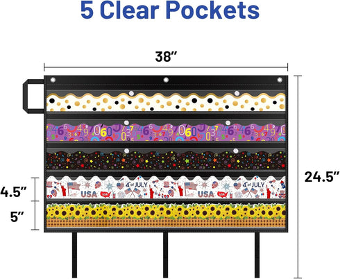 Bulletin Border Storage Pocket Chart for Classroom, Bulletin Board Border Storage, Classroom Organizer with Storage Pockets (Black)...