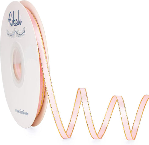 Ribbli Light Pink Satin Ribbon with Gold Edge,Double Faced Satin 1/4 inch x Continuous 50 Yards,Light Pink Ribbon Use for Crafts, Gift Wrapping, W...
