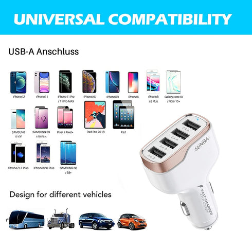 SUNDA 48W/9.6A USB Fast Car Charger, 4-Ports Car Charger Adapter for Apple and Android Smart-Phones, Car Phone Smart Charger Compatible with iPhon...