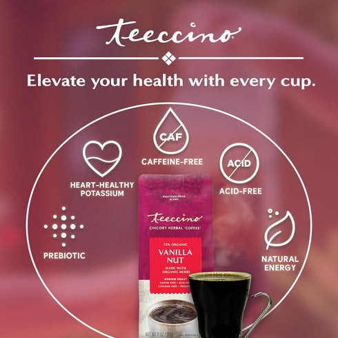 Teeccino Vanilla Nut Chicory Coffee Alternative - 11 Ounce - Ground Herbal Coffee That’s Prebiotic, Caffeine Free & Acid Free, Medium Roast...