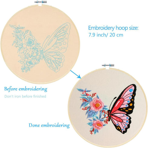 MIKIMIQI Embroidery Starter Kit with Pattern, Flowers Butterfly Stamped Embroidery Kit Including Embroidery Fabric, Bamboo Embroidery Hoop, Thread...