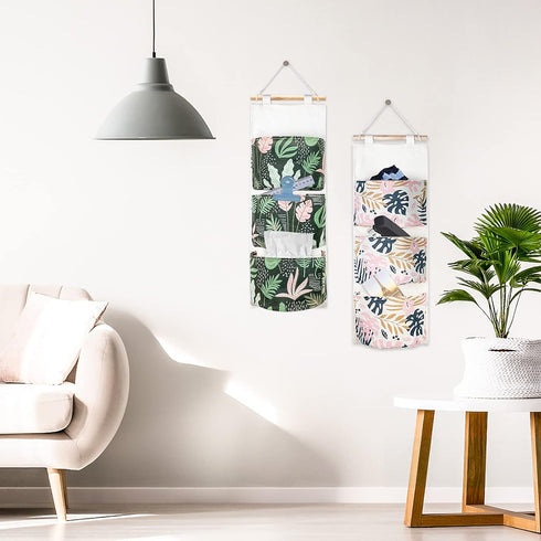DILIBRA 3 Pack Wall Hanging Storage Bag, Tropical Over the Door Closet Hanging Organizer with 3 Pockets, Waterproof Linen Fabric Hanging Pocket fo...