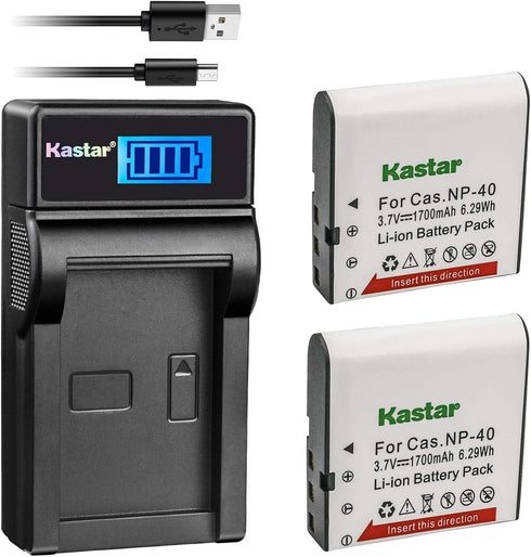 Kastar Battery (X2) & LCD USB Charger for NP-40 and Exilim Z400 FC100 FC150 FC160S P505 P600 P700 Z100 Z1000 Z1050 Z1080 Z1200 Z200 Z30 Z300 Z40 Z...