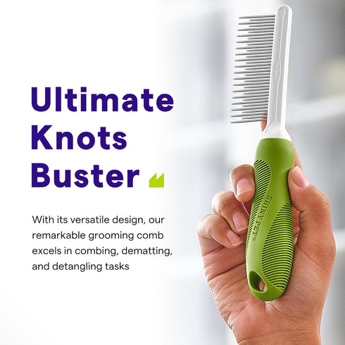 Detangling Pet Comb for Dogs & Cats - Detangler Grooming Tool with Long & Short Stainless Steel Metal Teeth for Dematting Matted Fur, Combing Out ...