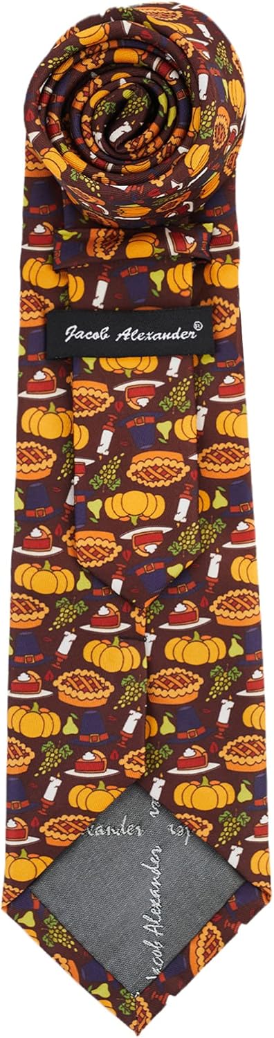 Jacob Alexander Men's Pumpkin Pie Grapes Pears Hats Candles Happy Thanksgiving Regular Neck Tie - Brown...