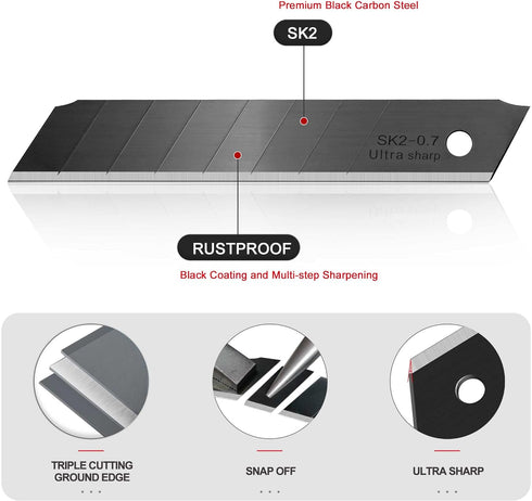 HAUTMEC 18mm Extra Heavy Duty Utility Knife with Double Lock Mechanism and 10pc Blade Set, Double Safety, SK2 Sharp Black Blade for Industrial or ...