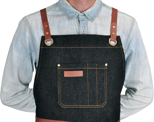 Professional Black Denim Apron with Pockets for Cooking Chef Kitchen Grill BBQ Hairstylist Painting, Mens Womens Apron with Leather Cross Back Str...