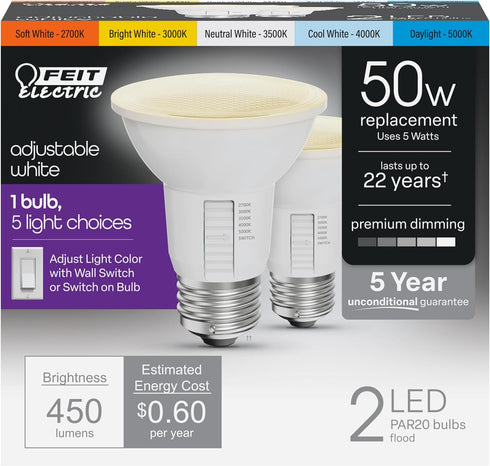 Feit Electric PAR20 LED Light Bulb, 50W Equivalent, Dimmable, Color Selectable 6-Way, E26 Medium Base, 90 CRI, 450 Lumens, Damp Rated Spotlight Bu...