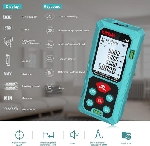 Laser Distance Measure 165 Feet with 2 Bubble Levels,M/in/Ft Unit Switching Backlit LCD,99 Sets Data Storage and Pythagorean Mode, Measure Distanc...