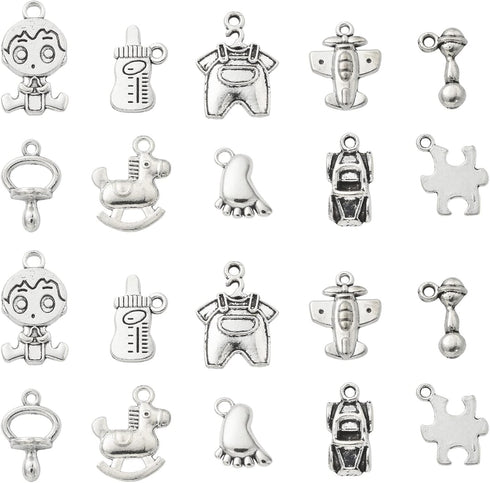 Ipotkitt 100 Pcs 10 Styles Antique Style Cartoon Charms Baby Boy Charms Baby Themed Puzzle Plane Charms for Baby Shower DIY Jewelry Making Supplie...