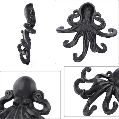 Sumnacon 6 Inch Cast Iron Octopus Coat Hook - Rustic Metal Wall Rack for Key Towel Bag, Hat Scarf with Screws, Decorative Duty Clothing Hanger for...