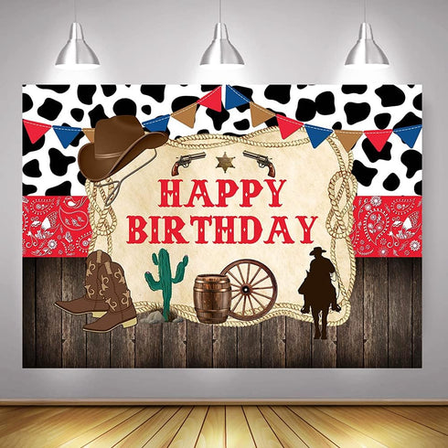 Mocsicka Western Cowboy Happy Birthday Backdrop Rustic Old West Rodeo Cowboy Background Red Bandana and Rustic Wood Kids Birthday Party Decoration...
