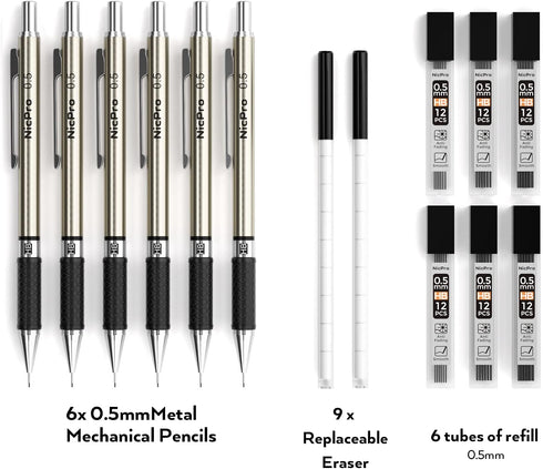 Nicpro 0.5 mm Art Mechanical Pencils Set in Gift Case, 6 PCS Metal Drafting Pencil 0.5mm with 6 Tube HB Lead Refills & 18 PCS Eraser Refills for A...